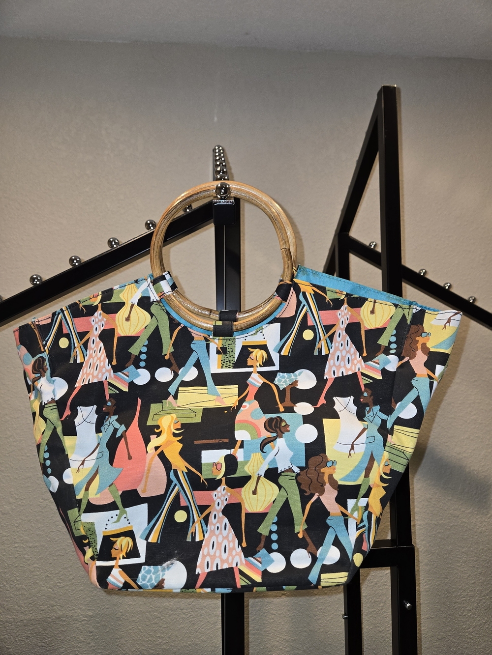 Neiman Marcus Multicolor Graphic Tote with Bamboo Ring Handles
